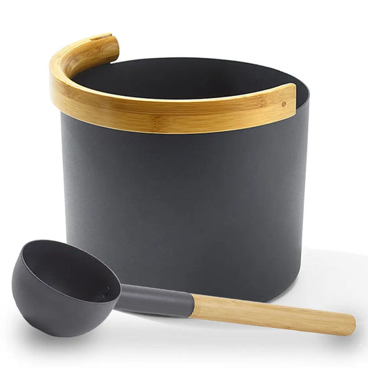 KOLO Sauna Set 2 (Sauna Bucket with curved handle and Ladle, Bamboo/Aluminum, 1Gal) KOLO