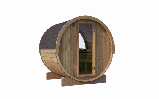 SaunaLife Model E7W Sauna Barrel-Window (ERGO Series Sauna Barrel, 71"L x 81"D, Rear Window, 4-Person) SaunaLife