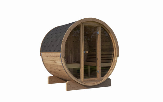 SaunaLife Model E8G Sauna Barrel Glass Front (ERGO Series Sauna Barrel 87"D x 81"H, 6-Person, Glass Front) SaunaLife