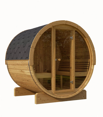 SaunaLife Model E8G Sauna Barrel Glass Front (ERGO Series Sauna Barrel 87"D x 81"H, 6-Person, Glass Front) SaunaLife