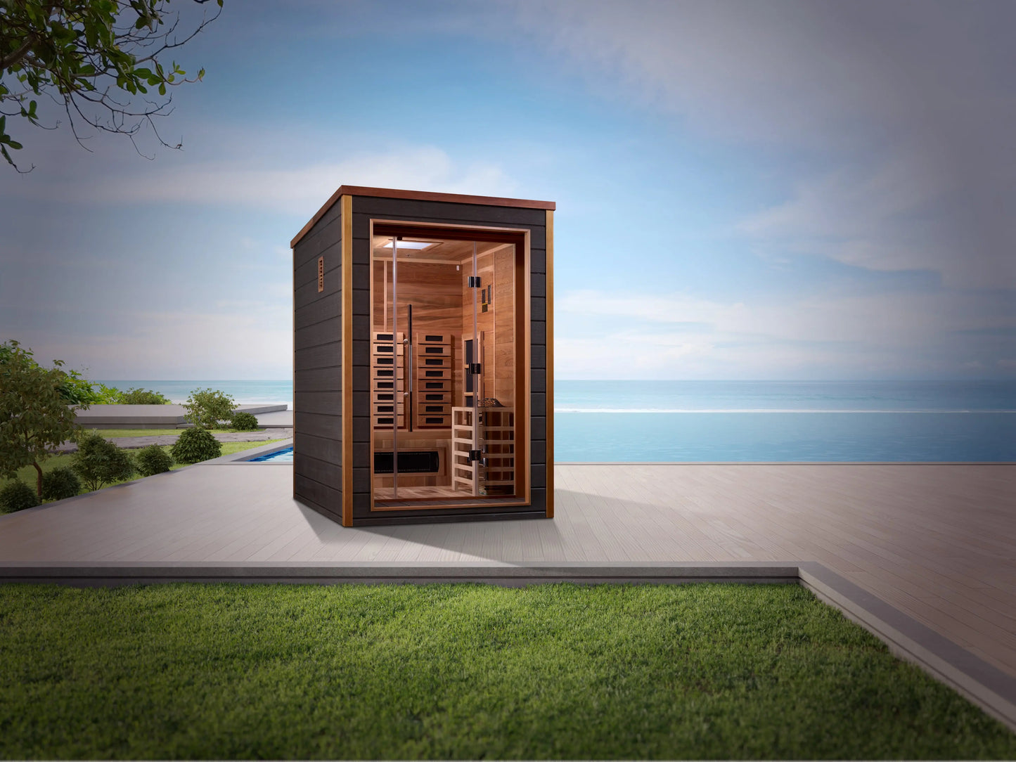 Golden Designs "Nora" 2 Person Hybrid (PureTech™ Full Spectrum IR or Traditional Stove) Outdoor Sauna (GDI-8222-01) Golden Designs Inc (NA)