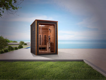 Golden Designs "Nora" 2 Person Hybrid (PureTech™ Full Spectrum IR or Traditional Stove) Outdoor Sauna (GDI-8222-01) Golden Designs Inc (NA)