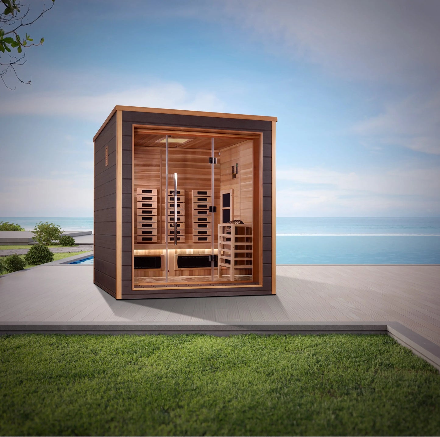 Golden Designs Visby 3 Person Hybrid (PureTech™ Full Spectrum IR or Traditional Stove) Outdoor Sauna (GDI-8223-01) Golden Designs Inc (NA)
