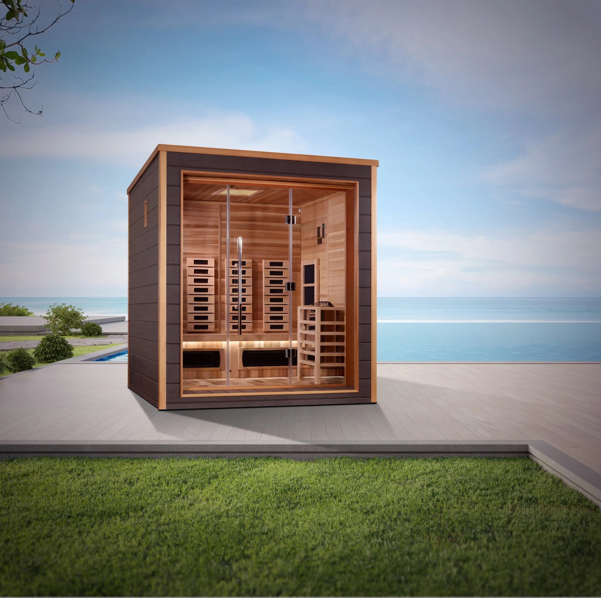 Golden Designs Visby 3 Person Hybrid (PureTech™ Full Spectrum IR or Traditional Stove) Outdoor Sauna (GDI-8223-01) Golden Designs Inc (NA)
