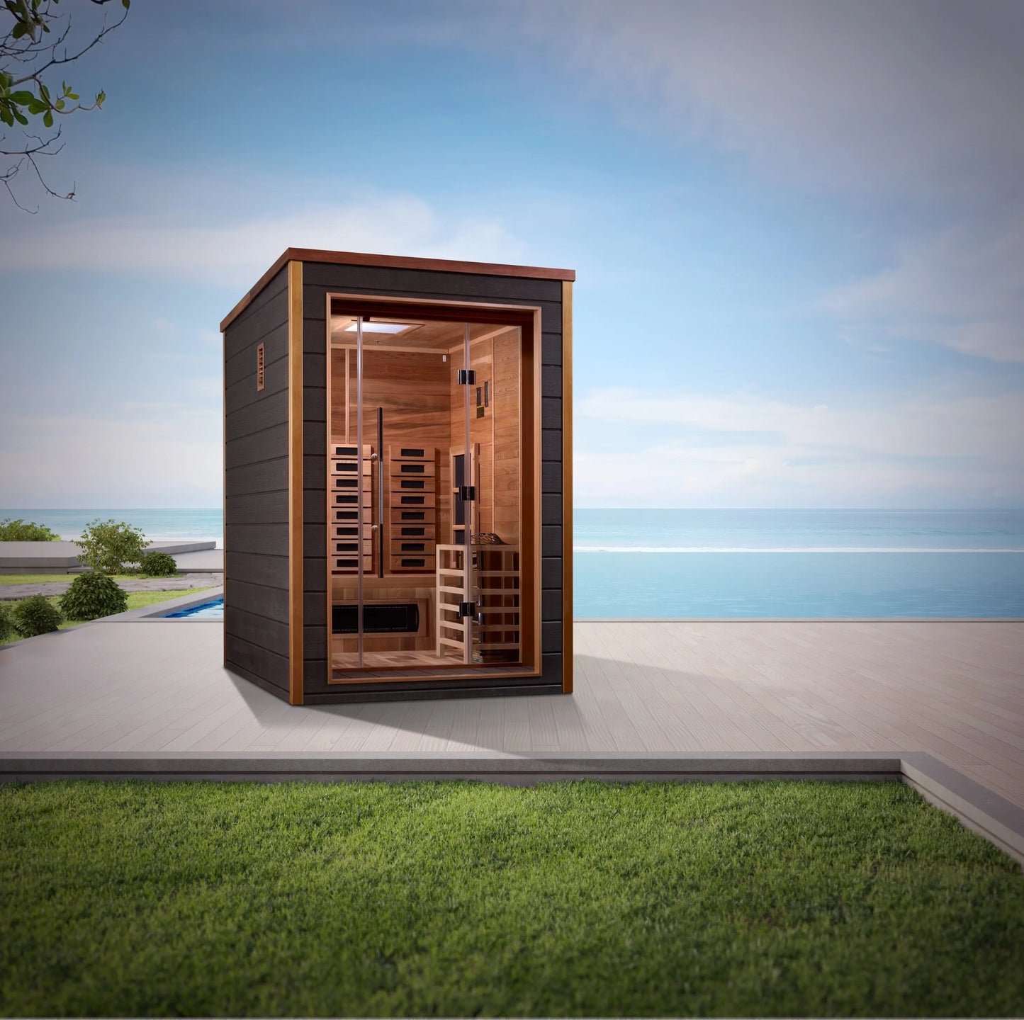 Golden Designs "Nora" 2 Person Hybrid (PureTech™ Full Spectrum IR or Traditional Stove) Outdoor Sauna (GDI-8222-01) Golden Designs Inc (NA)