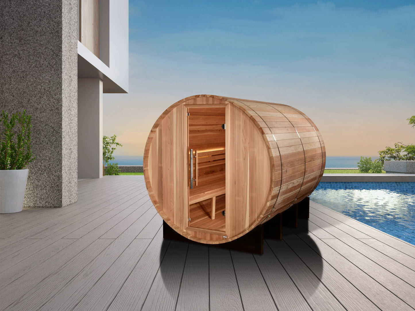 Golden Designs "Klosters" 6 Person Barrel Traditional Sauna - Pacific Cedar (GDI-B006-01) Golden Designs Inc (NA)