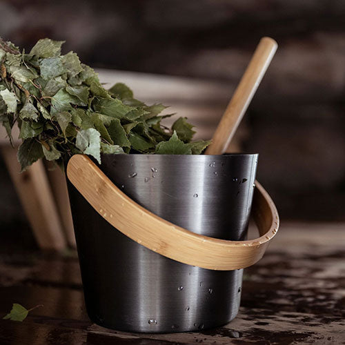 Rento Sauna Bucket Aluminum with Thermo Bamboo Curved Handle