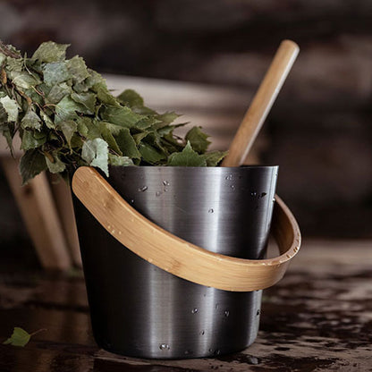 Rento Sauna Bucket Aluminum with Thermo Bamboo Curved Handle