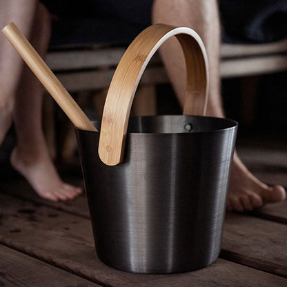 Rento Sauna Bucket Aluminum with Thermo Bamboo Curved Handle